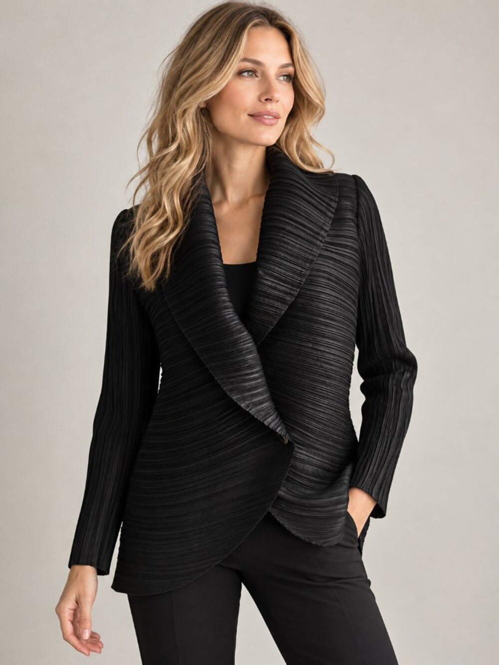 Black Pleated Textured Isey Miyake Style Tight Pleated Shawl Collar Blazer M/L